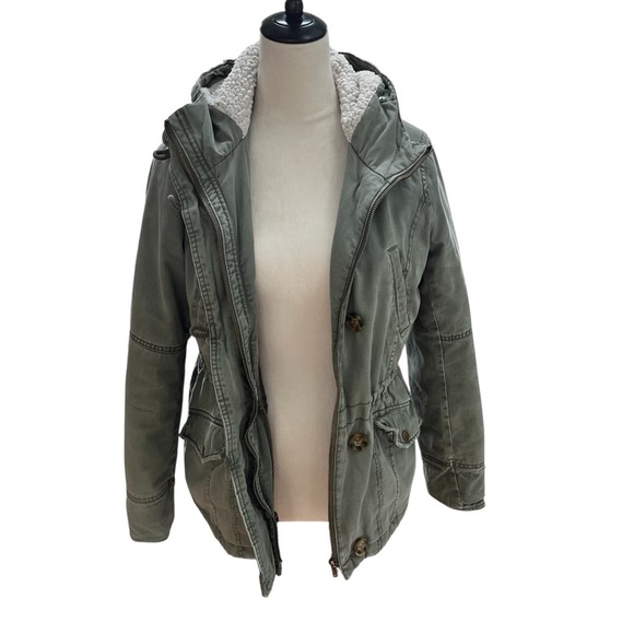 Sebby Juniors Medium Jacket Olive Green Full Zip Hood Faux Fur Pockets - Picture 8 of 16